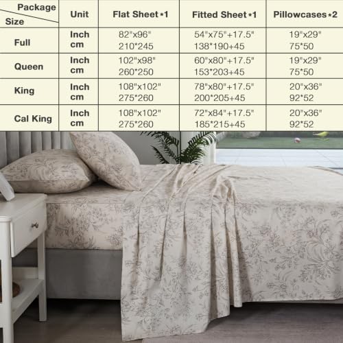 Light Beige Floral Percale Bed Sheets King Size 4-Piece Deep Pocket Set