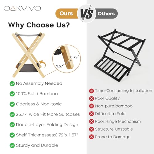 oakvivo Natural Bamboo Foldable Luggage Rack 2-Pack with Storage Shelf for Guest Room