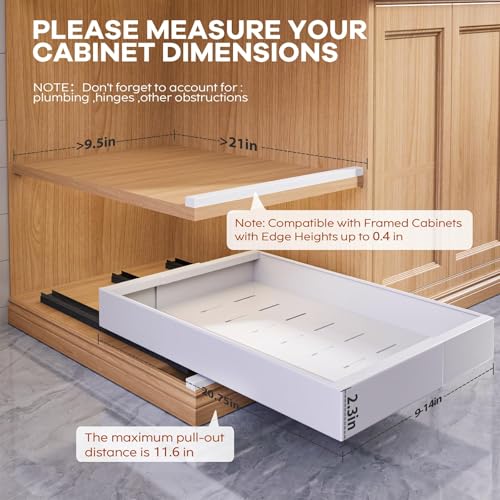 Seinloes 2 Pack Expandable Pull Out Cabinet Organizer 9-14 inches White, 21-inch Deep, No-Drill, Kitchen Storage