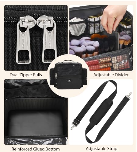 Extra Large Makeup Brush Case with 4 Small Bags - Travel Organizer with Adjustable Dividers & Shoulder Strap - Black