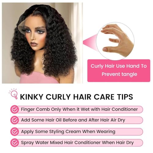 16 Inch Kinky Curly Human Hair Lace Front Wig - Black, Pre Plucked, Glueless Short Afro Bob