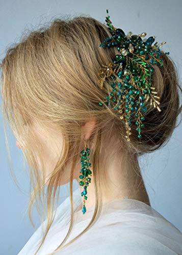 Vintage Wedding Hair Accessory Headpiece with Earrings - Green Beads & Gold Headband