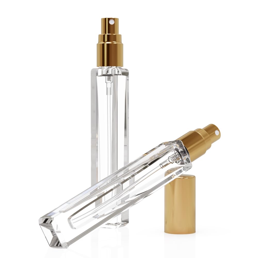 Seafulee 5PCS Cologne Atomizer Empty, 10ML Mini Perfume Bottles Refillable With Dispenser Tools, Pocket Spray Bottle for Travel and Sample Container (Transparent+Golden Cap)