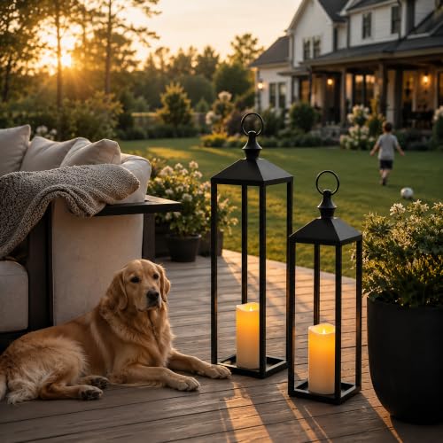 Large Indoor & Outdoor Floor Lanterns Set of 2 with Remote LED Candles