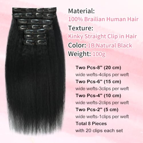 22 Inch Kinky Straight Clip-In Hair Extensions - Natural Black Brazilian Human Hair, Full Head 8pcs