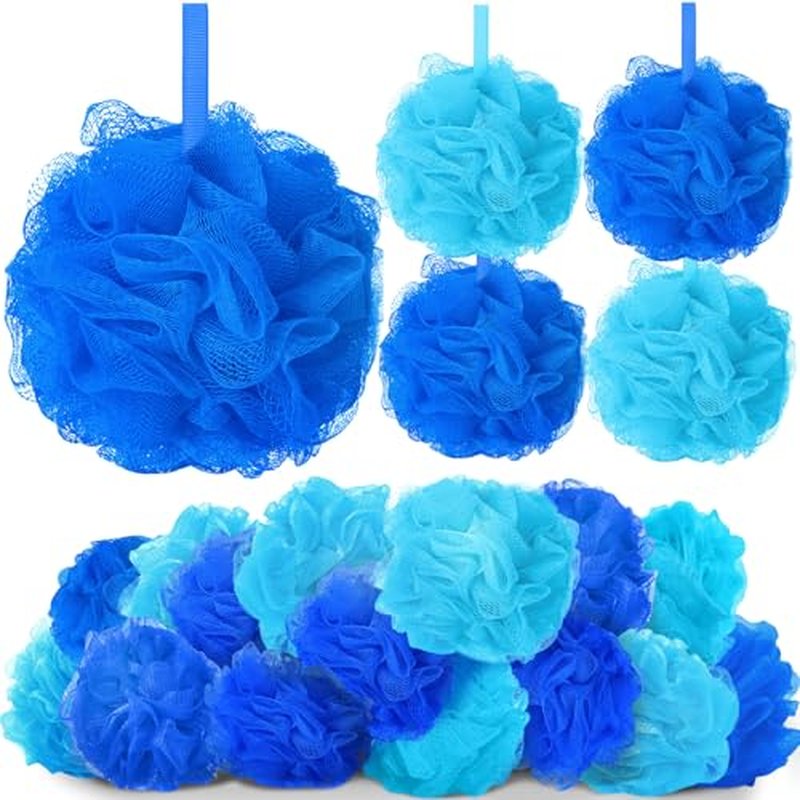 24 Pcs Bath Loofah Sponge Blue Loofah Exfoliating Body Scrubber Shower Sponge 50g Mesh Pouf Balls Gift Basket for Baby Shower Women Men Bathing Accessories Gift Bucket(Blue)