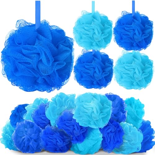 Bath Loofah Sponge Mesh Shower Pouf - Blue, 24-Pack Winter Themed