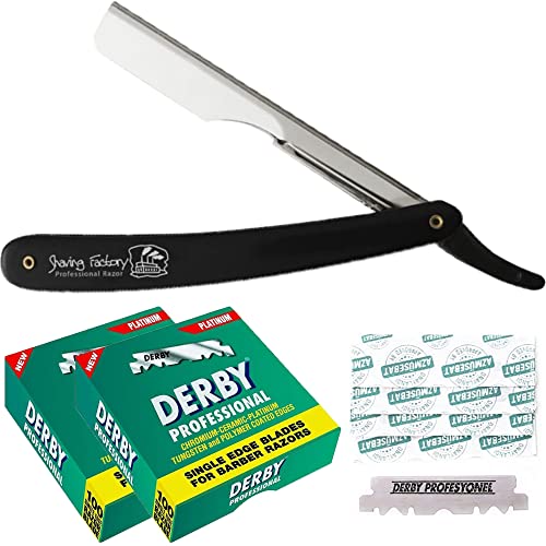 The Shave Factory Black & Silver Straight Edge Razor, Single Edge Blade Compatible Shaving Kit, Easy Replaceable Blade Razor (2 Piece Set)