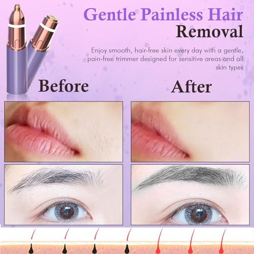 Eyebrow & Facial Trimmer: 2 in1 Rechargeable Facial Hair Removal & Eyebrow Shaver - Body Razor with Built-in LED Light (Purple)