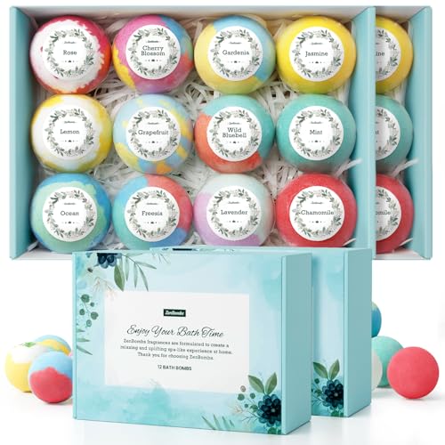 ZenBombs Bath Bombs Set - 12 Scented Natural Shea Butter Fizzes, Blue Box 24 pcs