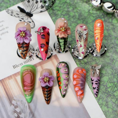 Colorful Flower 3D Floral Butterfly Press-On Nails Long Stiletto Fake Nails for Women Spring Manicure S