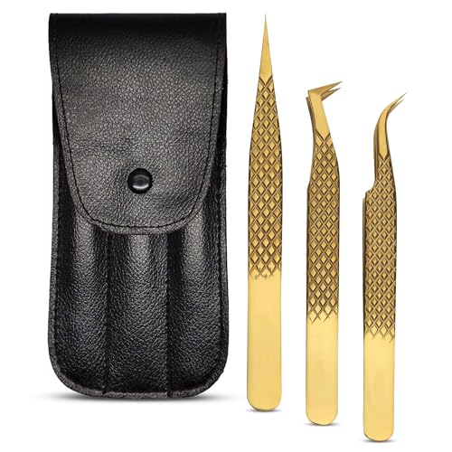 Lash Tweezers for Eyelash Extensions with Diamond Grip, Japanese Stainless Steel, Set of 3 - Great Precision for Classic, Volume & Mega Volume, Premium 45 Degree Curved Set for Women (Gold)