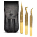 Lash Tweezers for Eyelash Extensions with Diamond Grip, Japanese Stainless Steel, Set of 3 - Great Precision for Classic, Volume & Mega Volume, Premium 45 Degree Curved Set for Women (Gold)