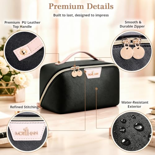 A01 Black 3-in-1 Large Travel Makeup Bag Organizer for Women - Detachable Pouches