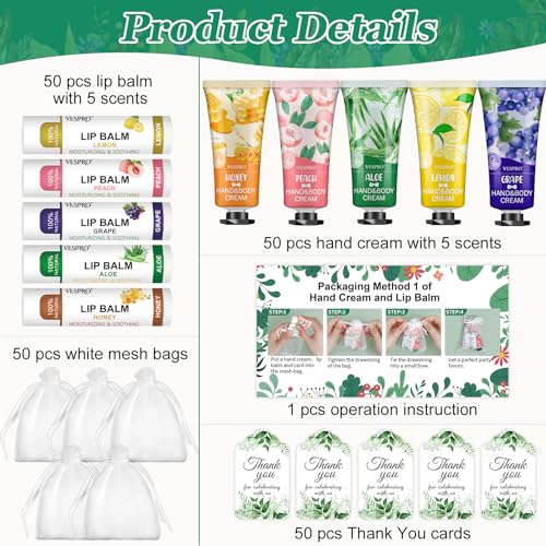 50 Sets Bulk Hand Cream and Bulk Lip Balm, Easter Basket Stuffers, Mothers Day Gifts, Bridal Shower Favors for Guests with Thank Card Organza Bags, Wedding Favors, Teacher and Nurse Gifts