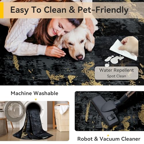 RELEANY 6' x 9' Abstract Area Rug — Black/Gold, Machine-Washable, Non-Slip Backing