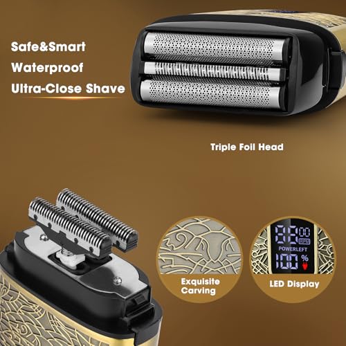 Bronze Electric Shaver for Men, Waterproof Triple Foil Razor, USB Rechargeable Bald Head Grooming