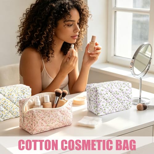 Giesiery Floral Cotton Quilted Makeup Bags Set of 8 Travel Cosmetic Pouches