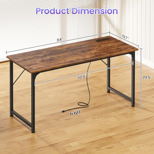 55 Inch Computer Desk with Power Outlets and USB-C - Rustic Brown
