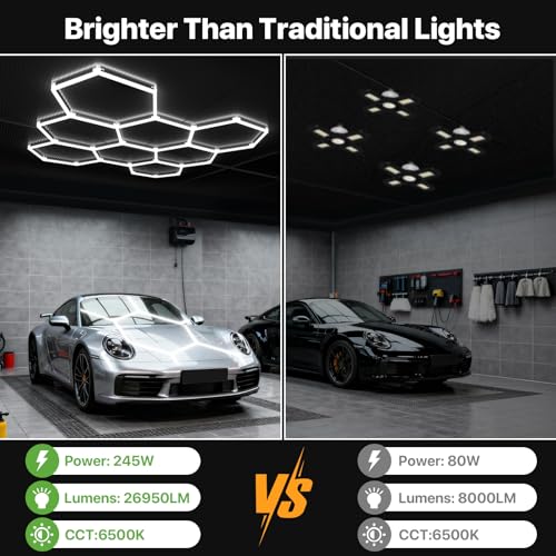 Glitgate 8-Grid Hex LED Panel Lights 245W 26950LM Daylight 6500K Garage Workshop