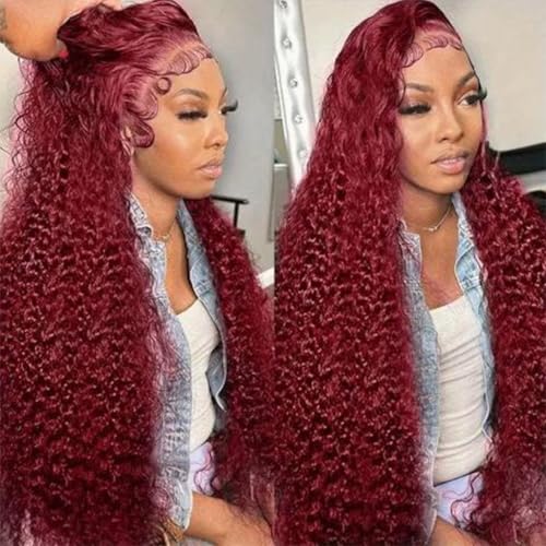 16 Inch Burgundy Human Hair Wigs Deep Wave Lace Front 13x6 Pre Plucked Natural Hairline