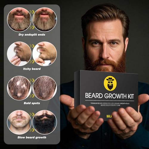 Naland Beard Growth Kit with Oil, Balm, Comb & Massager for Men - Fuller Beard Care