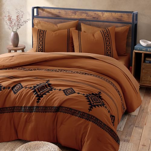 MaiRêve Burnt Orange Full Embroidery Comforter Set 7 Pieces Bed in a Bag