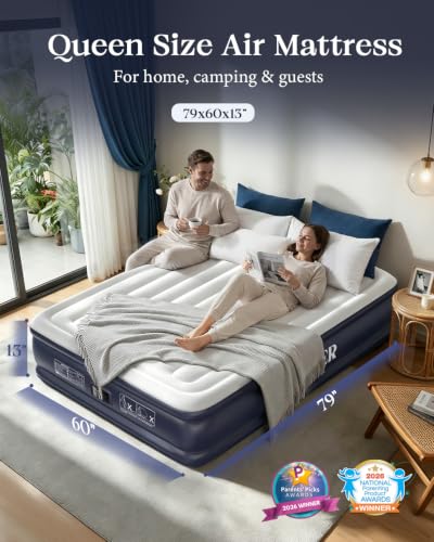 VOSSER Blue Queen Air Mattress with Built-in Pump, 13 Inch Support, Supports 800lb