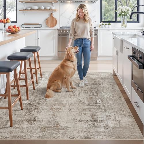 7' x 7' Square Washable Area Rug - Non-Slip, Low Pile, Modern Neutral Beige/Grey