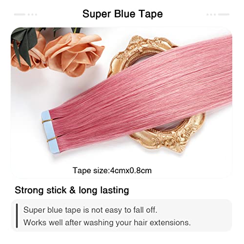 Pink Tape-In Hair Extensions 18 Inch Human Hair Remy Seamless Weft - Hot Pink 10PCS - SUYYA