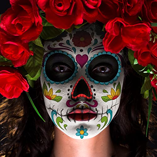Day of the Dead Face Tattoos, Halloween Temporary Tattoo 10 Pack Dia de Los Muertos Skeleton Makeup Kit Catrina Red Rose Sugar Skull Full Face Stickers for Women Kids Halloween Accessories and Parties