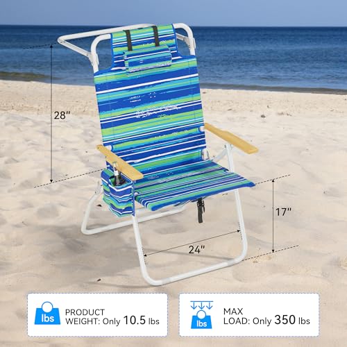Tall Backpack Beach Chair with Wooden Armrests, 17" Seat Height, 5 Reclining Positions - Blue & Green Variation
