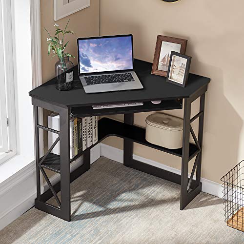 VECELO Corner Computer Desk 41 x 30 Inches with Keyboard Tray & Storage Shelves - Black