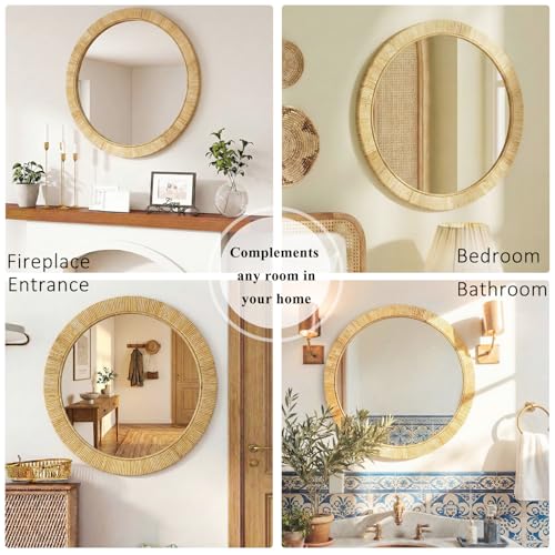 Round 24x24 Inch Rattan Wall Mirror - Rustic Boho Wicker Frame, Handmade