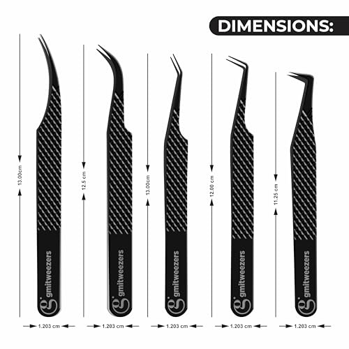 Black Lash Tweezers Set of 5 - Stainless Steel Eyelash Extension Tweezers
