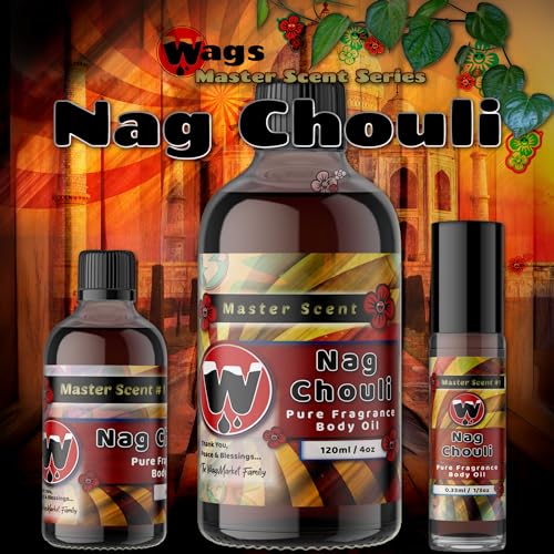 WagsMarket - Nag Champa Perfume Oil & Patchouli Essential Oil, Nag Chouli Essential Perfume Oil, Choose from Roll On to 0.33oz - 4oz Glass Bottle (0.33oz Roll On)