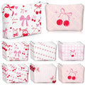 Kacctyen 18 Pcs Pink Cherry Bow Coquette Makeup Bag Cute Bow Canvas Cosmetic Bag International Womens Day Gifts for Women Girl with Zipper Aesthetic Travel Pouch Birthday Party Favor