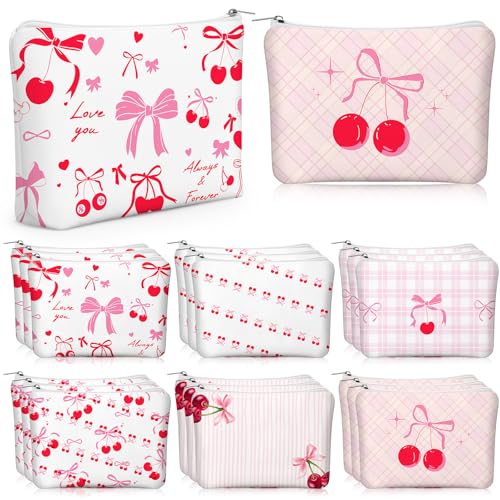 Kacctyen 18 Pcs Pink Cherry Bow Coquette Makeup Bag Cute Bow Canvas Cosmetic Bag International Womens Day Gifts for Women Girl with Zipper Aesthetic Travel Pouch Birthday Party Favor
