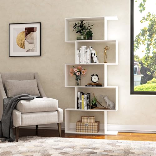 White 5-Tier Geometric Bookcase with Modern Design, 27.8W x 9.5D x 61.8H Shelf