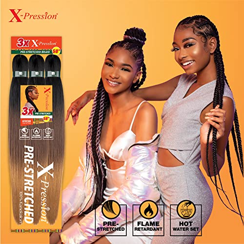 Pre-Stretched Synthetic Braiding Hair Extensions 3X 58in - 5 Pack, Off Black