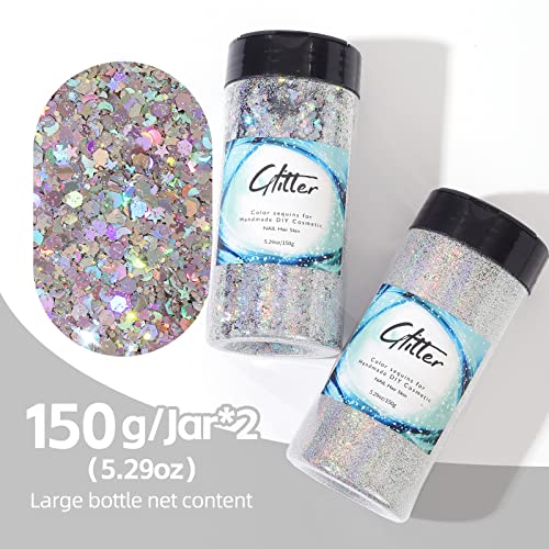 Craft Glitter, 380g Nail Glitter Powder 10 Jars Glitter with Tools,AARDWO Vibrant Multi-Purpose Glitter for Body,Eyeshadow,Cosmetic,Nail Arts,Crafts,Decoration,DIY(Star&Moon Shape, Silver)