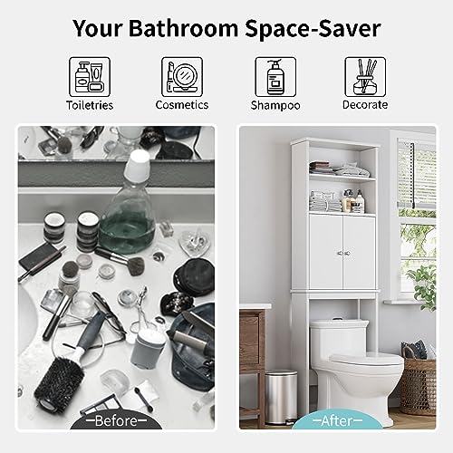 Over the Toilet Storage Cabinet with 2 Open Shelves and Door - White, 2-Tier Bathroom Organizer