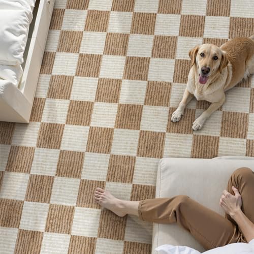 9x12 Checkered Washable Area Rug - Brown Non-Slip Living Room Carpet