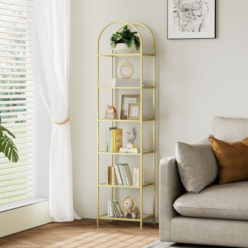 Tall Gold 6-Tier Bookshelf with Glass Shelves, Arched Design, 11.8x13.8x68.1 Inches
