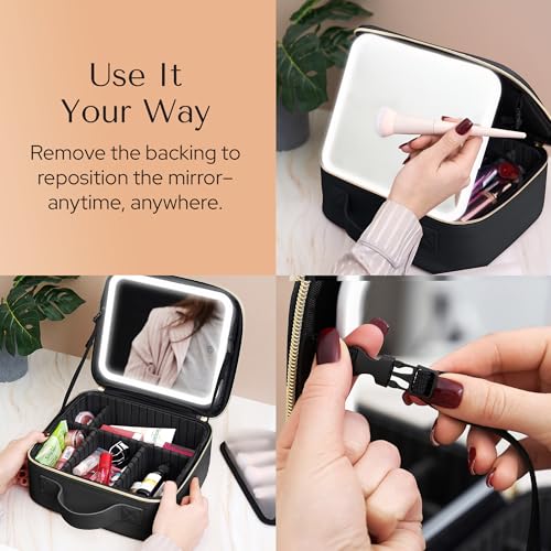 Makeup Bag with LED Mirror ? Travel Cosmetic Organizer with Lighted Mirror, Adjustable Dividers & Brush Holder Storage ? Portable PU Leather Makeup Case for Women & Girls - Black
