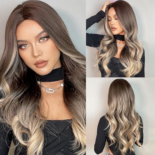 Mixed Brown Long Curly Wigs for Women Heat Resistant Synthetic Hair - Natural Layered Style