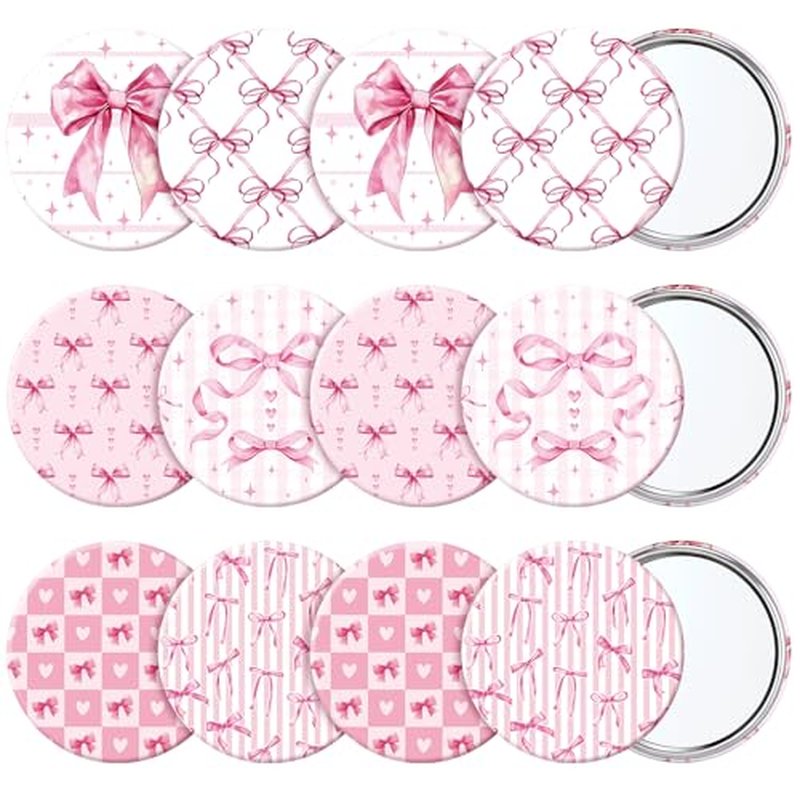 Geelin 12 Pcs Pink Compact Mirror Bulk Pink Bow Party Favors Coquette Aesthetic Mini Mirror for Purse Pocket Women Girl Birthday Valentines Day Gift Wedding Bridal Shower