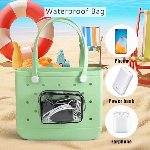 Trendy Beach Bag Accessories Set For Bogg Bag, Phone Storage Bag, 6Pcs Hooks, 2Packs Clear Bags, (Black)