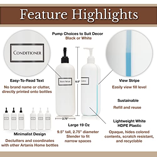 Refillable 19oz Body Wash Shampoo & Conditioner Pump Dispenser Bottles Set with View Stripe - Artanis Home, White Pumps