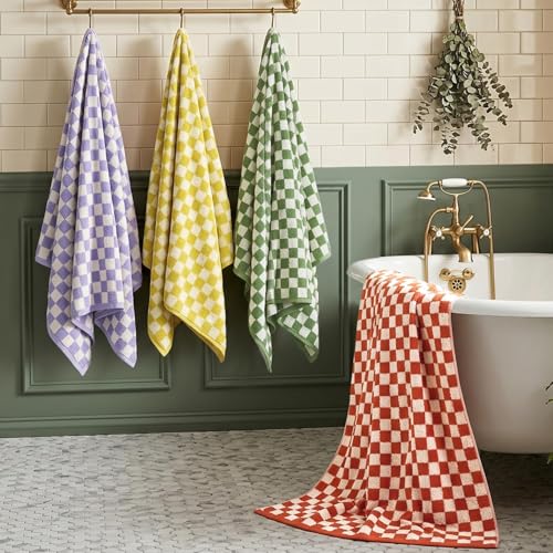 Checkered Cotton Bath Towels Set of 4 - 27.5 x 55 Inches, Multi Colors